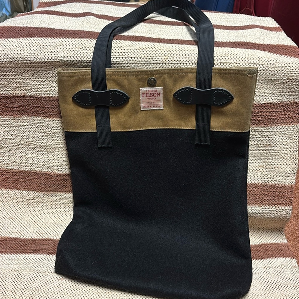 Filson Black Wool and Khaki Duck cloth tote bag 12”w x 16” long.  Handles 12”